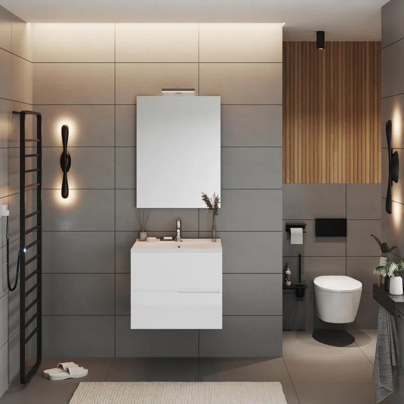 Composizione Eva 60 cm, con due cassetti, Bianco Lucido, lavabo in ceramica, specchiera e lampada LED