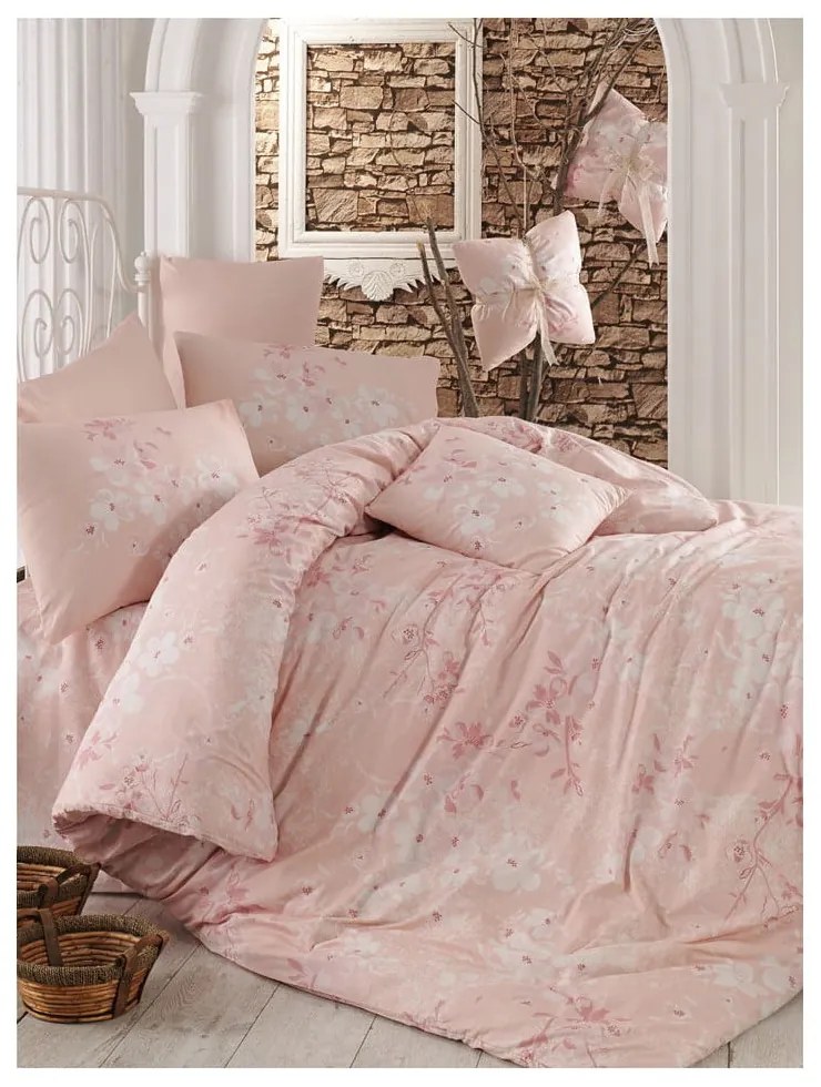 Set copripiumino e federa rosa in cotone renforcé per letto singolo 140x200 cm Elena – Mijolnir