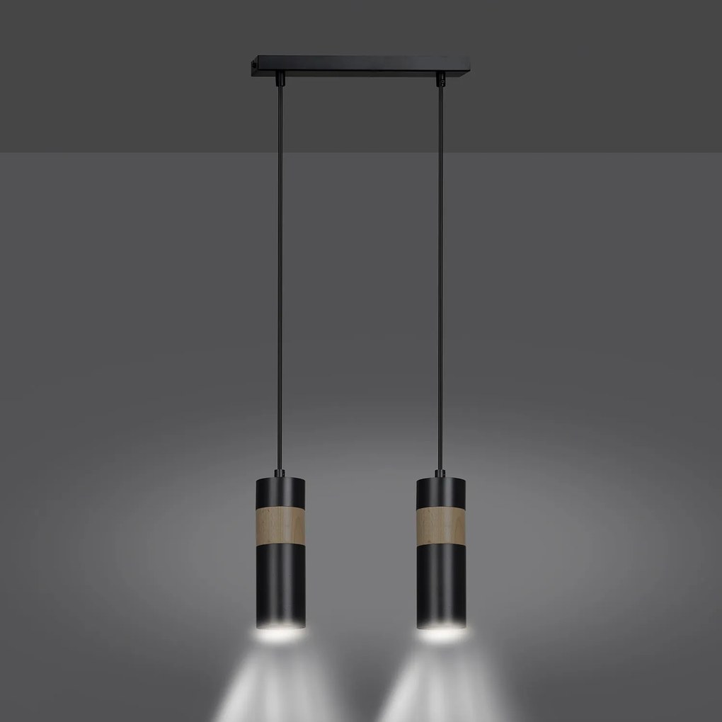 Lampadario 2 Luci Change In Acciaio Nero A Cilindro Con Legno Naturale