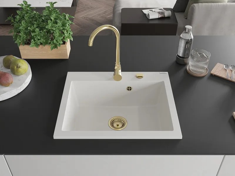 Mexen Elix lavello in granito 1-vasca 600 x 500 mm, bianco, sifone dorato - 6525601005-20-G