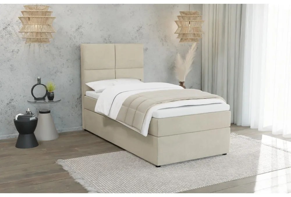 Letto singolo imbottito con contenitore beige con materasso e topper inclusi 90x200 cm Lena – Ropez