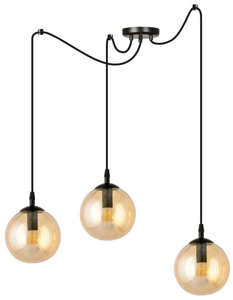 Lampadario 3 Luci Ginevra In Acciaio Nero Con Cavo Lungo E Vetri Ambra