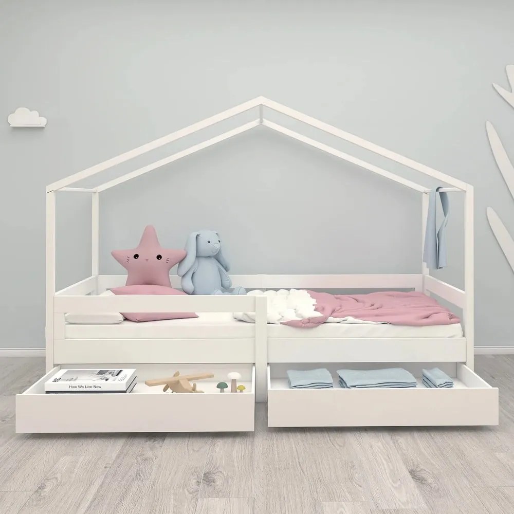 Letto da bambini a forma di casa bianco in legno massiccio con contenitore con rete inclusa 90x200 cm – Roba