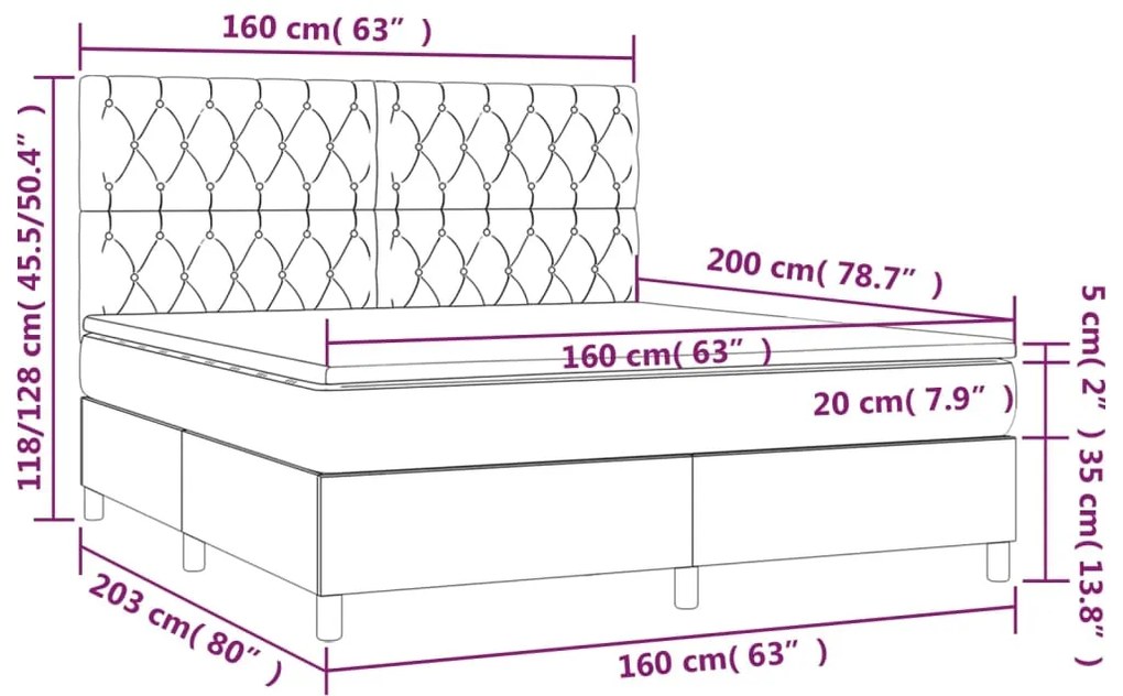 Letto a Molle con Materasso e LED Nero 160x200 cm in Tessuto