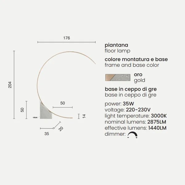 Piantana LED in metallo Oro con base in ceppo di Grč RUNE 176x204 cm