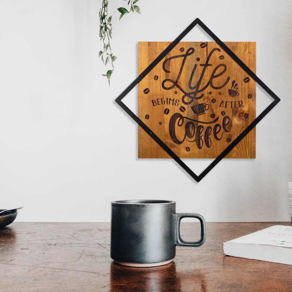 Decorazione murale in legno e metallo 54x54 cm Life Begins After Coffee - Wallity