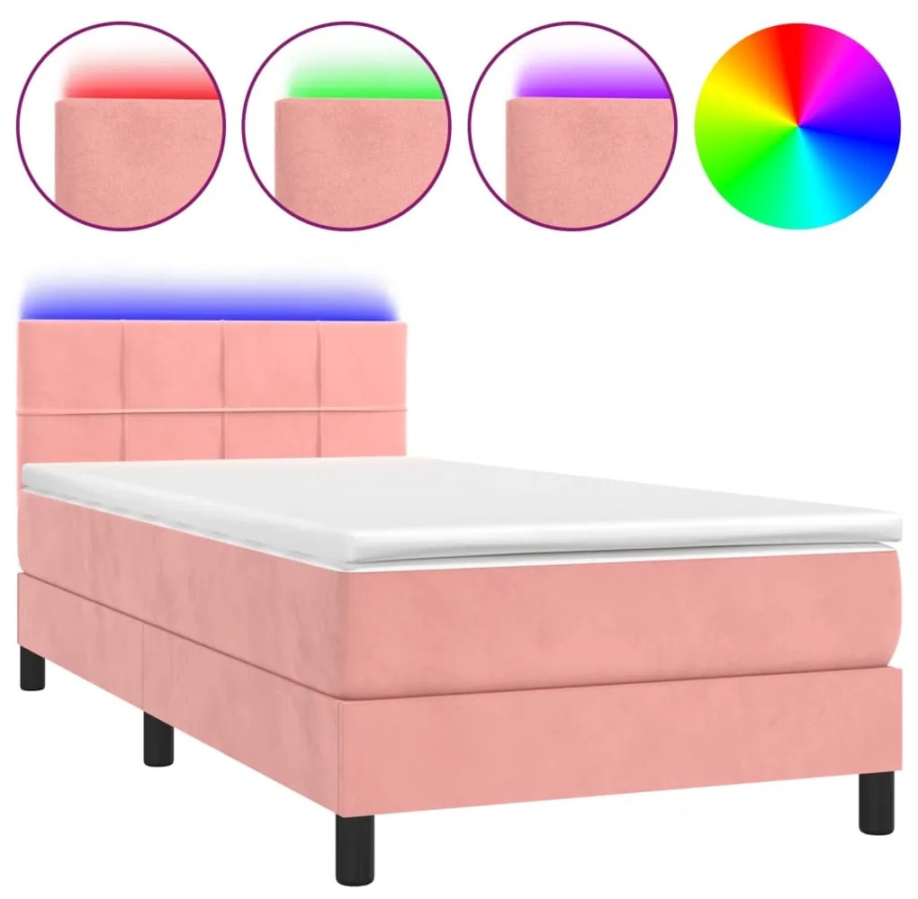 Letto a molle con materasso e led rosa 80x200 cm in velluto