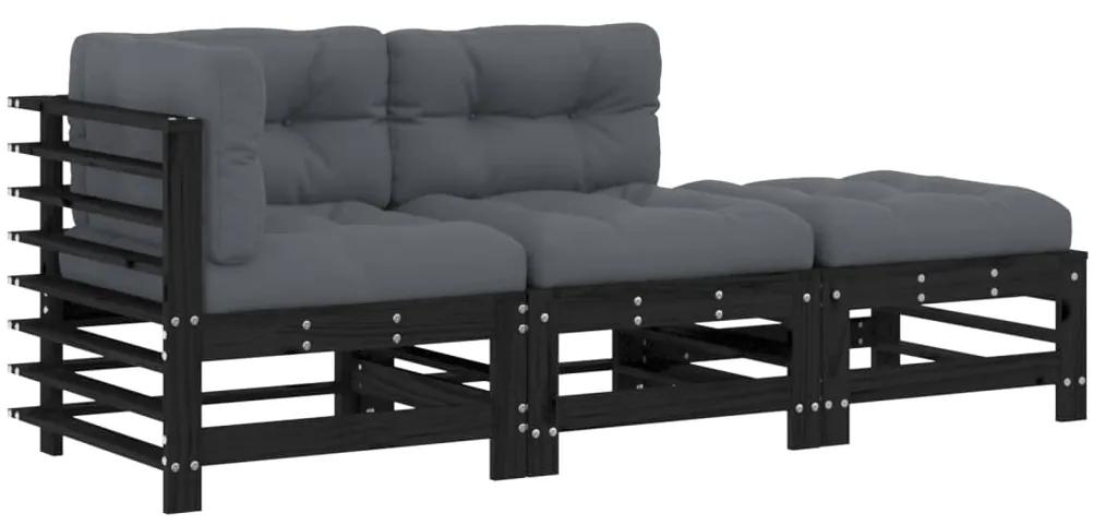 Set divani da giardino 3 pz con cuscini in legno massello nero