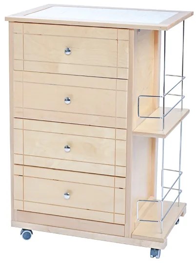 Carrello da cucina GIADA con 4 cassetti e portabottiglie Naturale