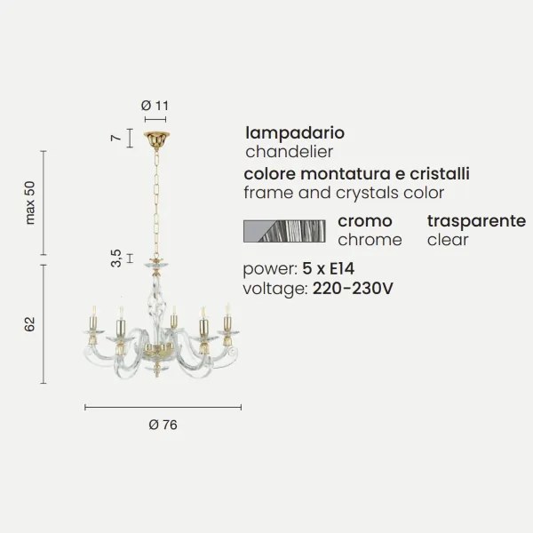 Lampadario a sospensione 1306 in vetro soffiato D76 cm lavorato a mano 5 luci CROMO