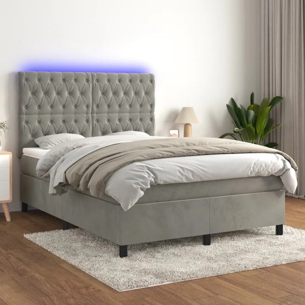 Letto a molle materasso e led grigio chiaro 140x200 cm velluto