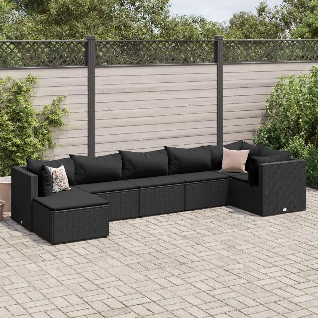 Set salotto da giardino con cuscini 7pz nero polyrattan