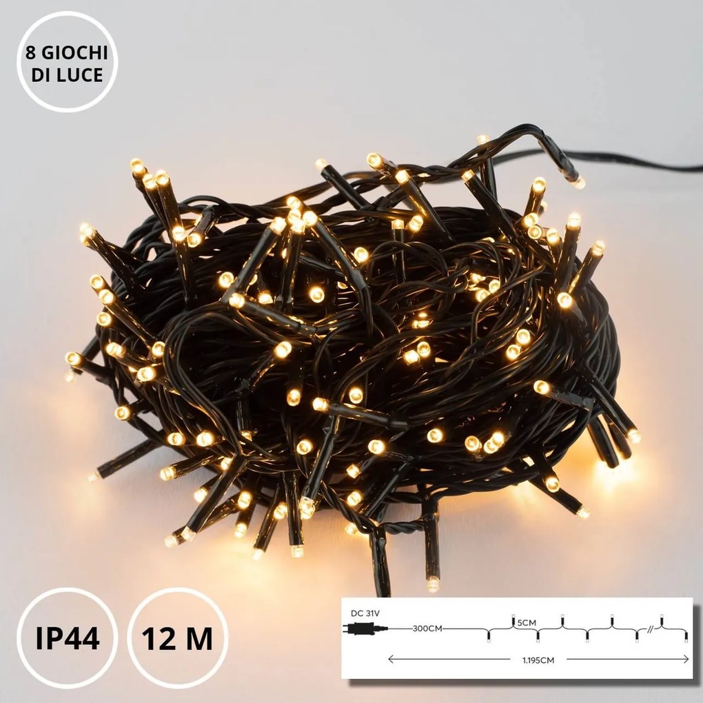 Catenaria Natalizia LED 12m 8 GIOCHI DI LUCE Cavo VERDE IP44 Colore Bianco Caldo 2200 - 2300 °K