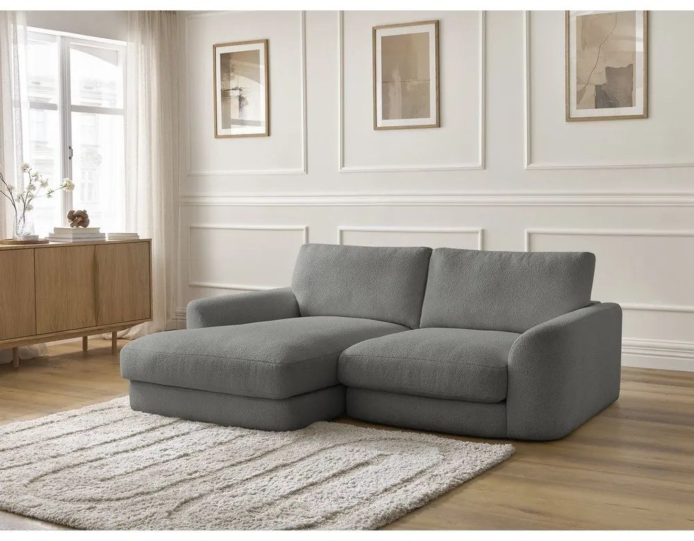 Divano angolare grigio scuro (con penisola a sinistra/con chaise lounge) con rivestimento in bouclé Leonore – Bobochic Paris