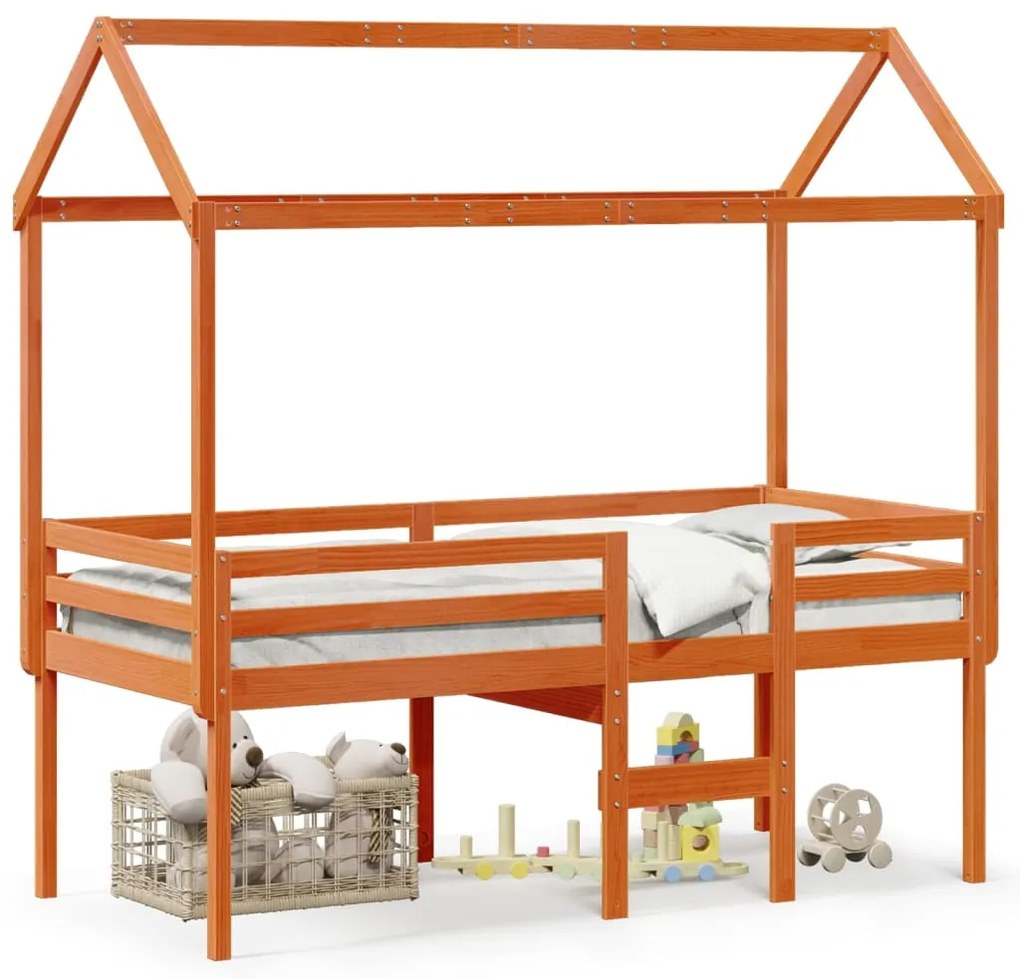 Letto A Soppalco Con Tetto Marrone Cera 90x200 Cm Legno Di Pino /