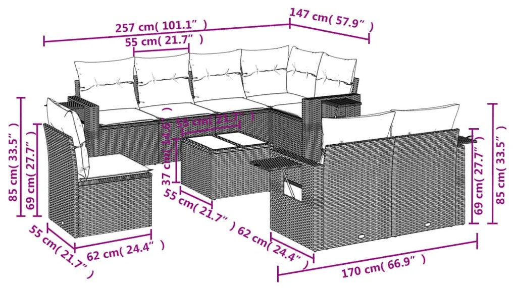 Set divano da giardino 9pz con cuscini grigio chiaro polyrattan