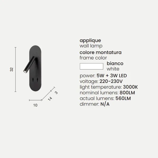 Applique LED 10 cm in metallo Bianco retroilluminato con faretto orientabile PLATE