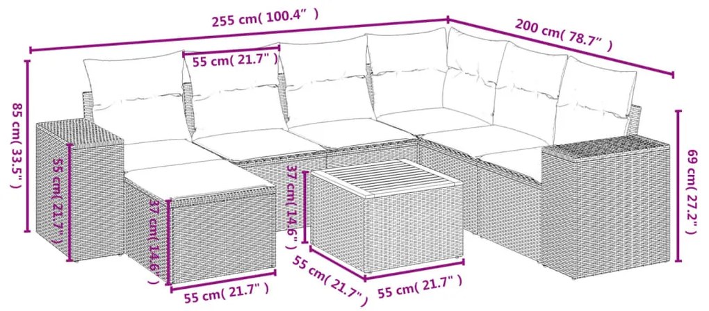 Set Divani da Giardino con Cuscini 8 pz Nero in Polyrattan