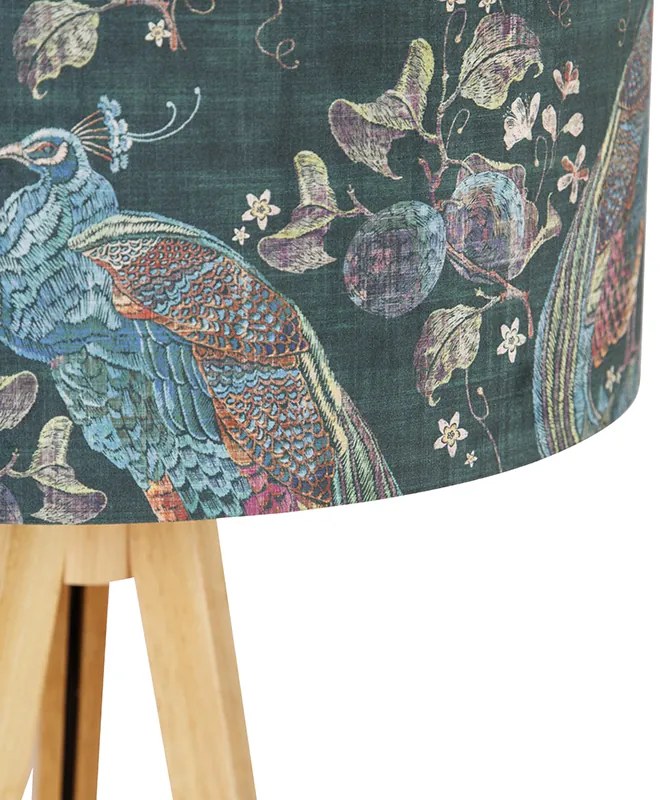 Lampada da terra moderna in legno con paralume in tessuto nero pavone 50 cm - Tripod Classic