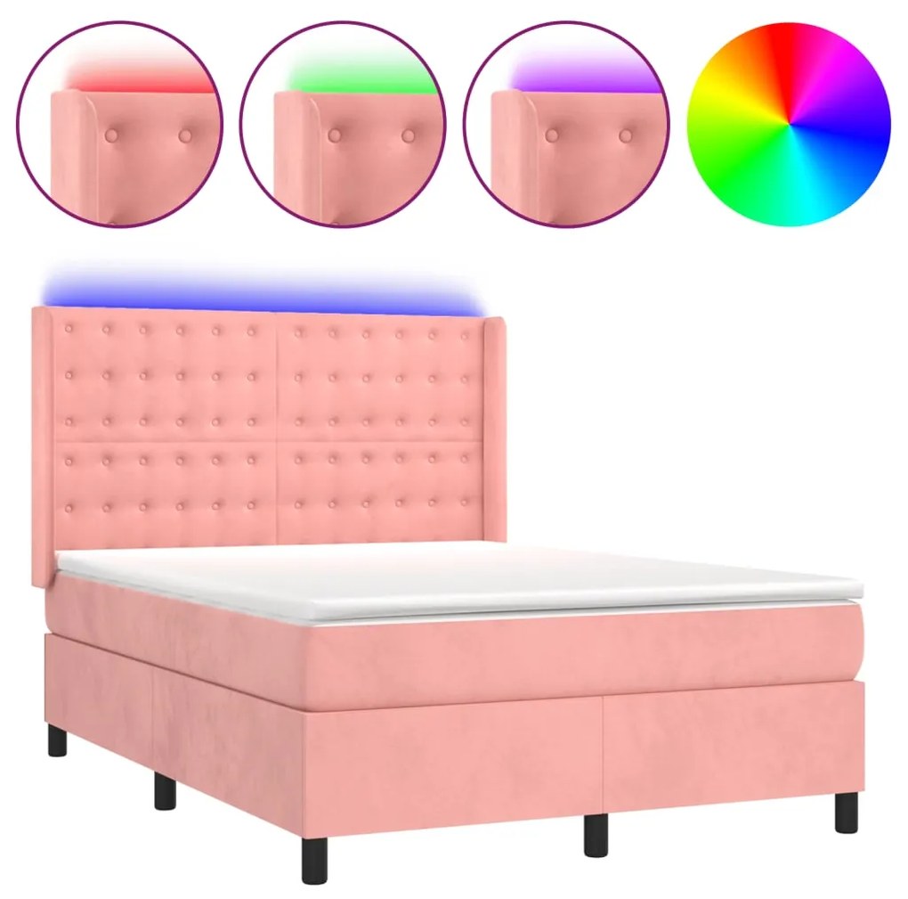 Letto a molle con materasso e led rosa 140x190 cm in velluto