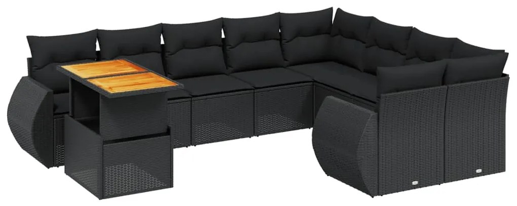 Set divani da giardino 10pz con cuscini in polyrattan nero