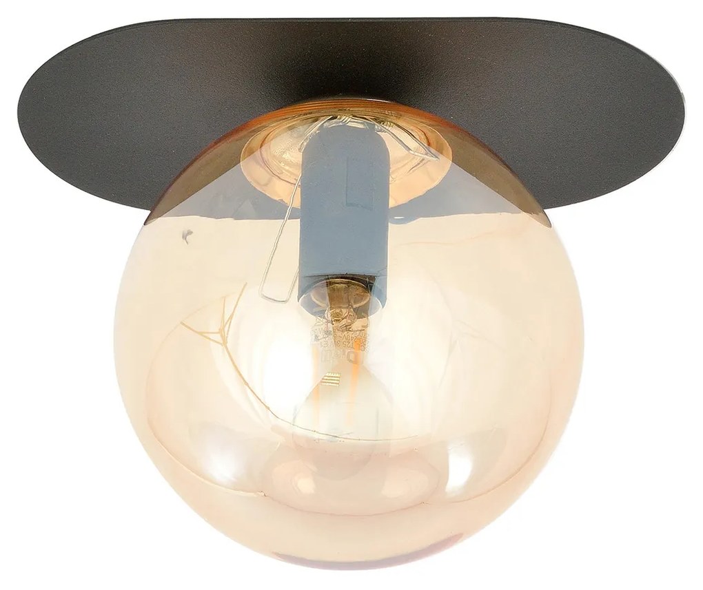 Plafoniera Minimal 1 Luce Teia In Acciaio Nero E Sfera Vetro Ambra