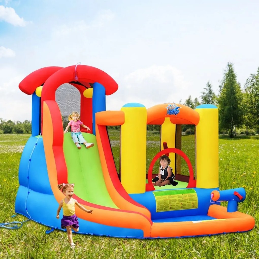 Costway Parco acquatico gonfiabile con scivolo e compressore, Piscina gonfiabile con scivolo e muro per arrampicarsi