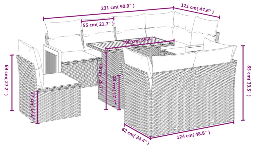 Set Divani da Giardino 9 pz con Cuscini Nero in Polyrattan