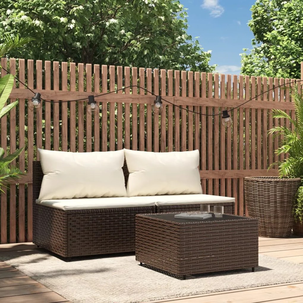 Set mobili da giardino 3 pz con cuscini in polyrattan marrone