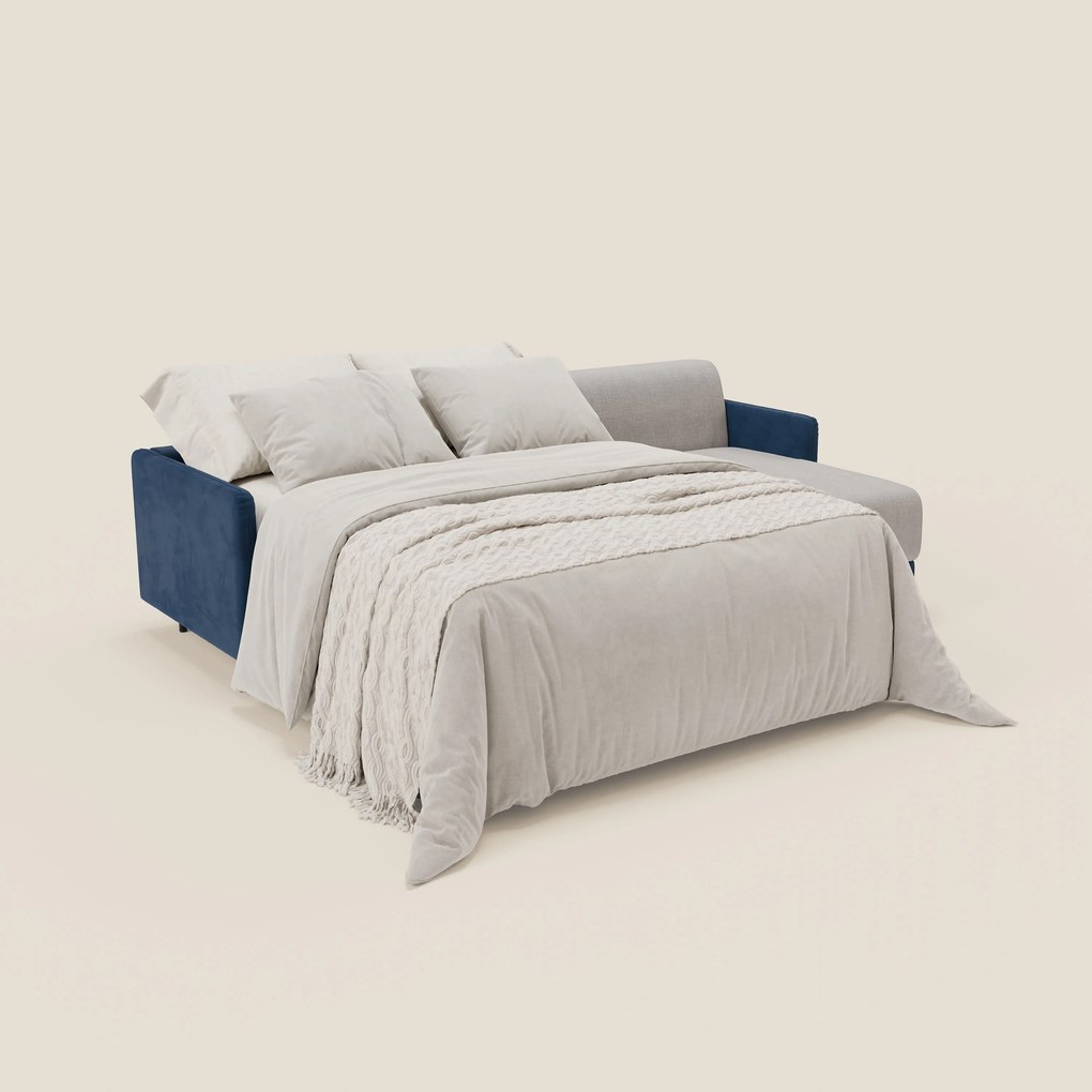 Narciso divano letto angolare con materasso alto 18 cm e penisola contenitore in tessuto bicolore impermeabile T11 e T06 blu - grigio chiaro