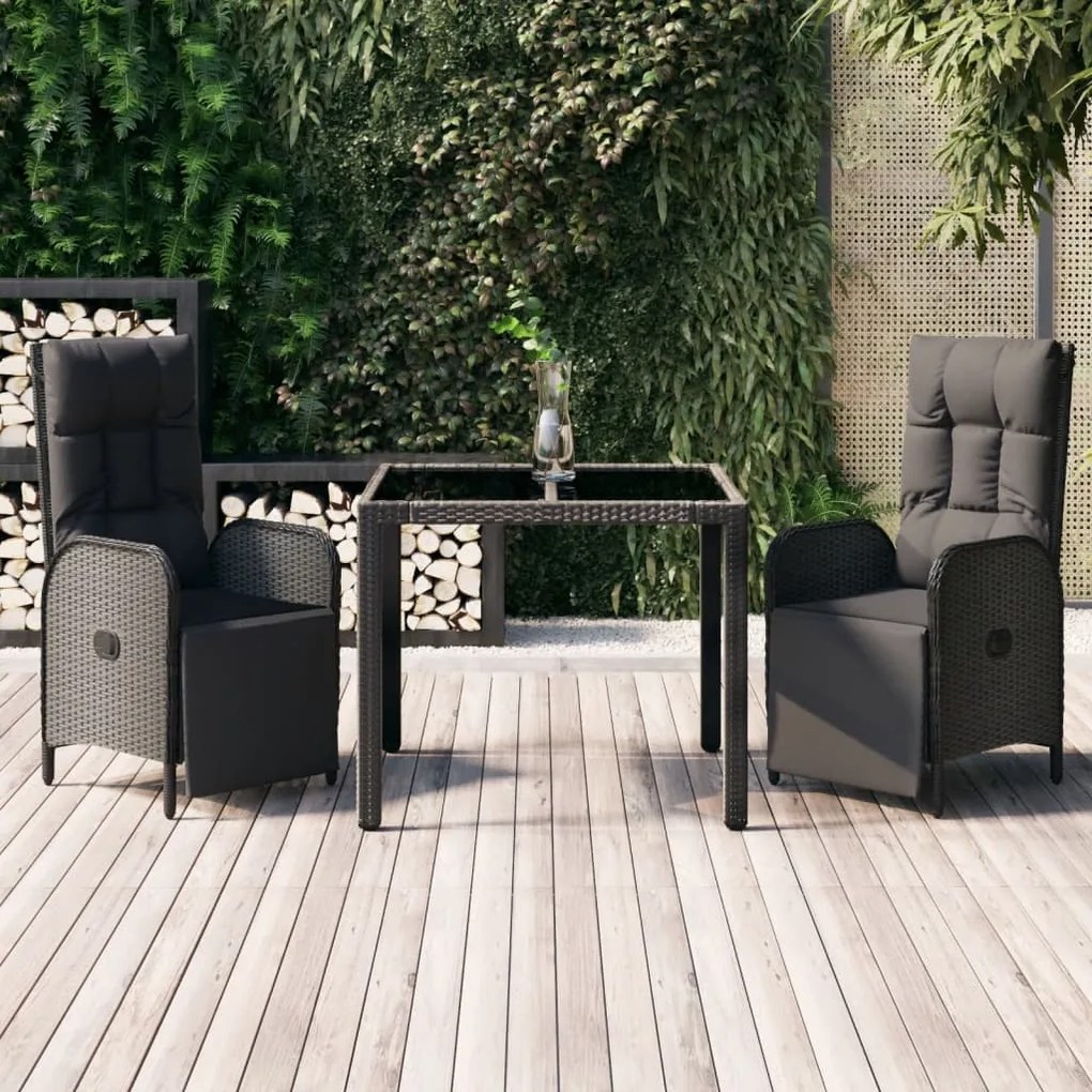 Set da pranzo da giardino 3 pz con cuscini nero in polyrattan