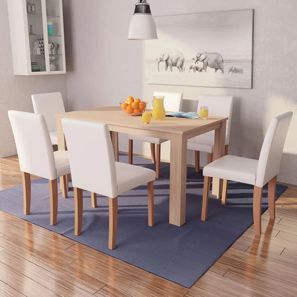 Sedie E Tavolo Pranzo 7 Pz İn Pelle Artificiale Quercia Crema /