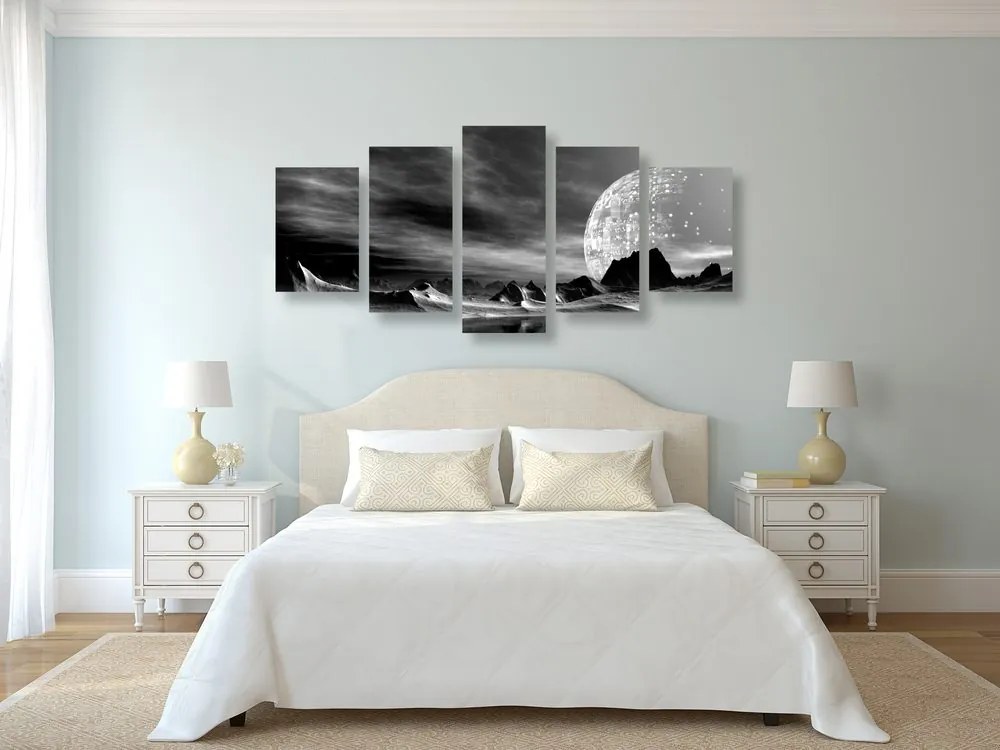 Quadri 5 pezzi – Pianeta futuristico in bianco e nero