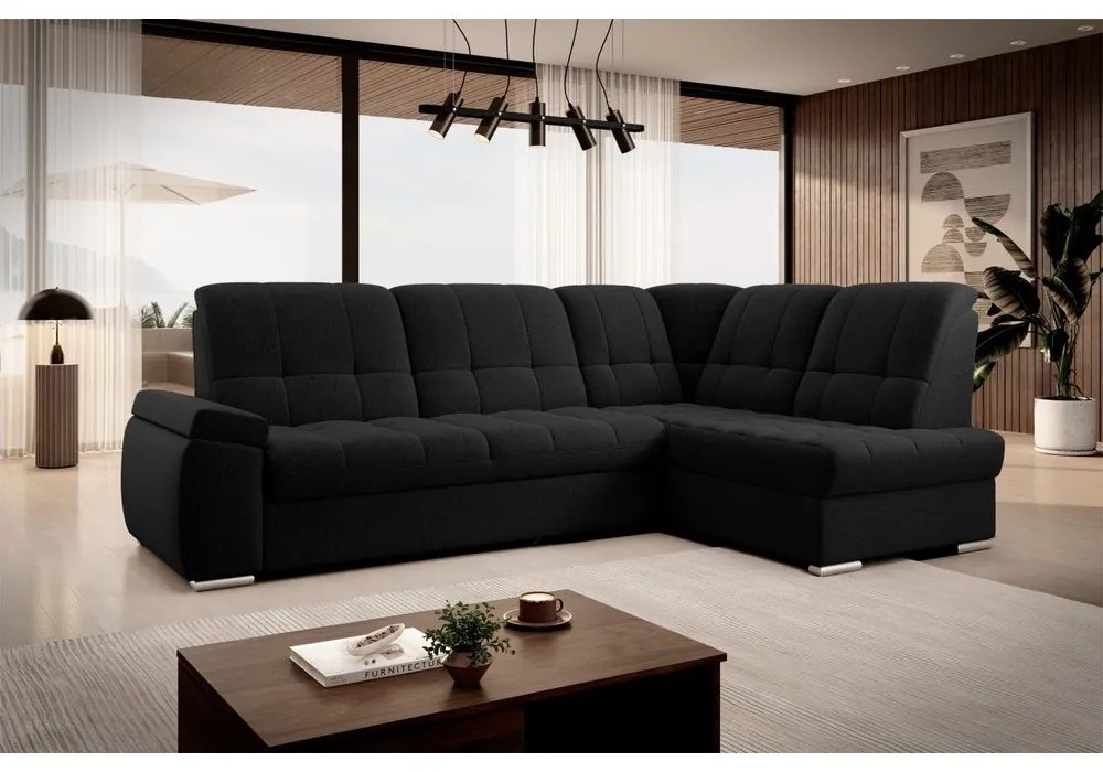 Divano angolare nero allungabile/con contenitore (con penisola a destra/a L) Sado – ELTAP