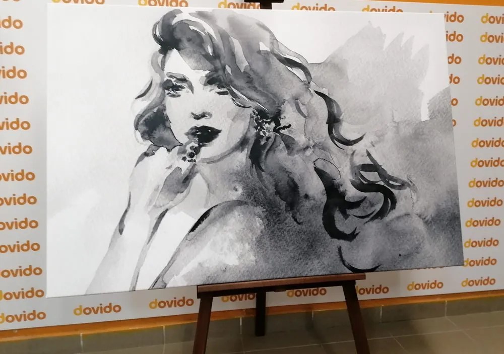 Quadro su tela – Ritratto femminile ad acquerello in bianco e nero