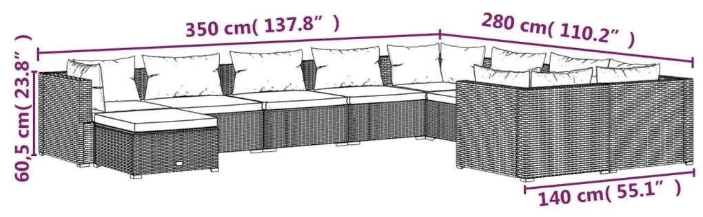 Set Mobili da Giardino 10 pz con Cuscini in Polyrattan Marrone