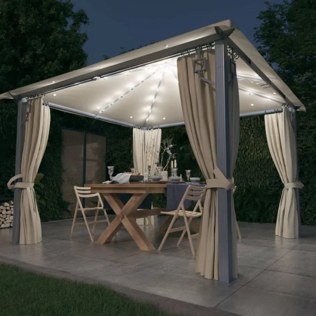 Gazebo Con Tende Stringa Di Luci Led 300x300 Cm Crema Alluminio /