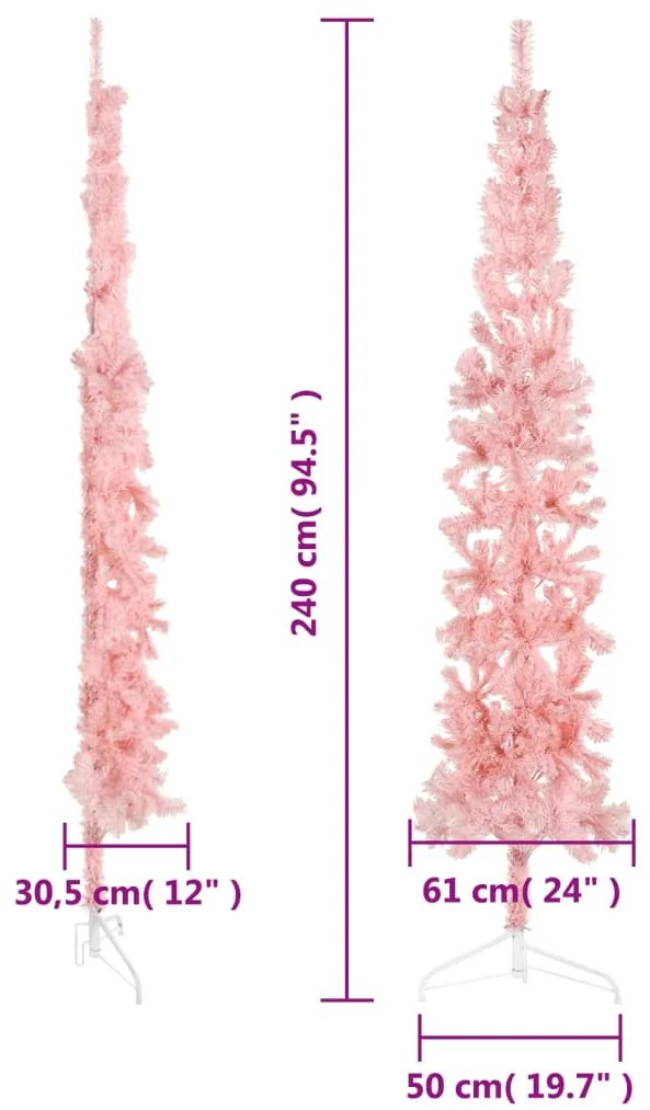 Albero Natale Artificiale Sottile a Metà con Supporto Rosa, 240 cm