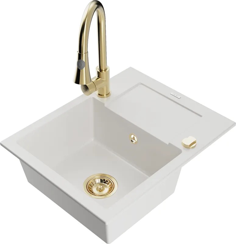 Mexen Enzo lavello in granito a 1 vasca con sgocciolatoio e miscelatore cucina Elia, bianco - 6506-20-670101-50