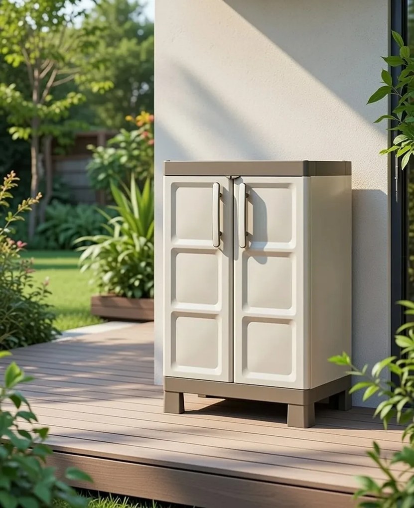 Armadio da Esterno 2 Ripiani 65x45x97H cm in Plastica Keter Excellence Basso Beige/Tortora...