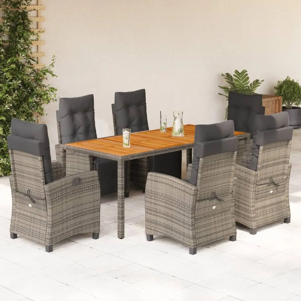 Set da pranzo da giardino 7 pz con cuscini in polyrattan grigio