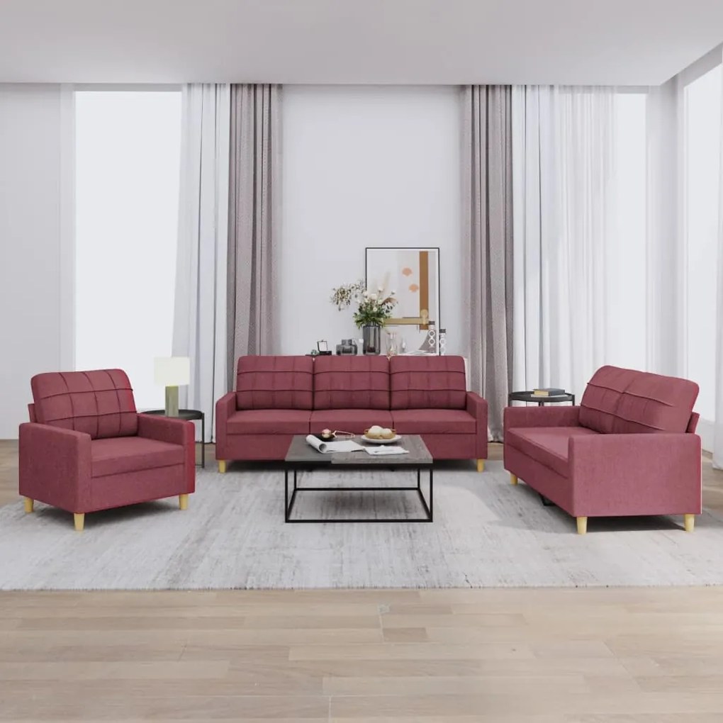 Set Di Divani 3 Pz Con Cuscini Rosso Vino İn Tessuto /