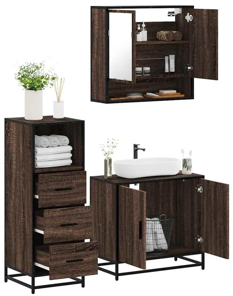 Set Mobili Da Bagno 3 Pz Rovere Marrone İn Legno Multistrato /