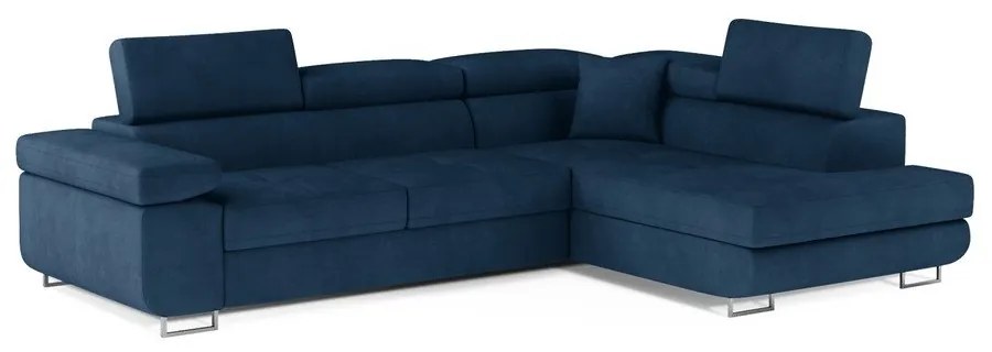 Divano angolare blu allungabile/con contenitore (con penisola a destra/a L) e rivestimento in velluto Anton – ELTAP