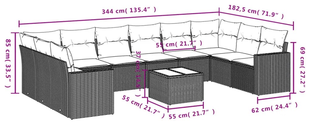 Set divani da giardino 11 pz con cuscini in polyrattan nero