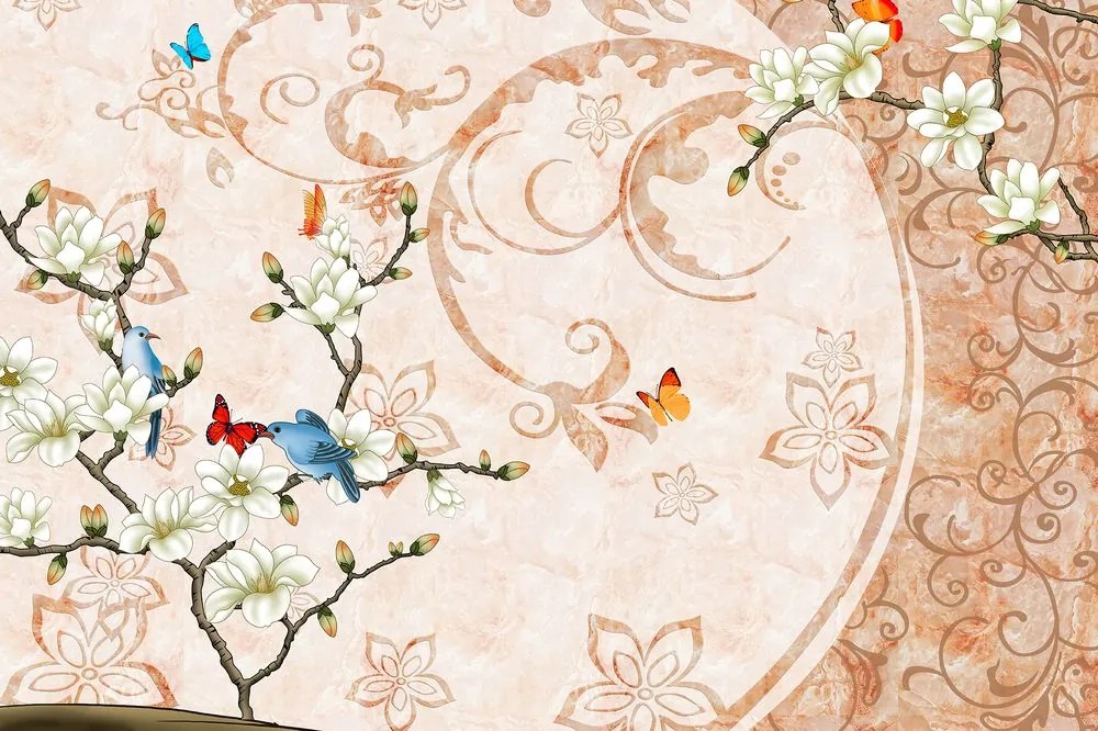 Carta da parati – Natura morta vintage con uccelli e farfalle