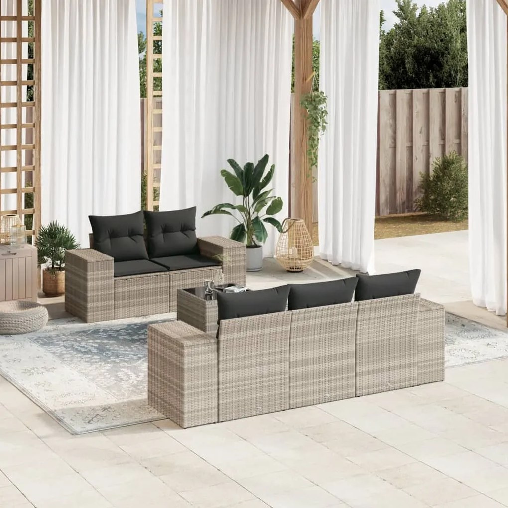 Set divano da giardino 6pz con cuscini grigio chiaro polyrattan