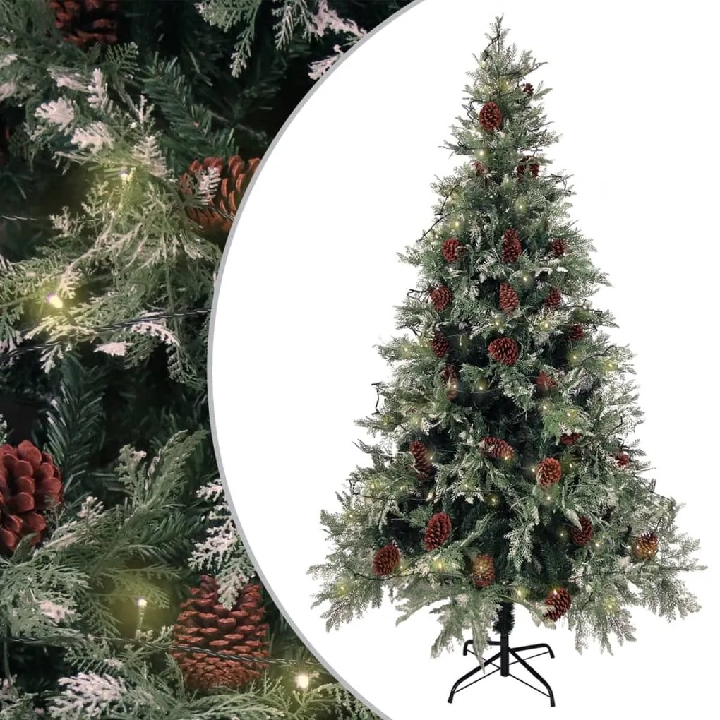 Albero Di Natale Con Luci E Pigne Verde E Bianco 195cm Pvc E Pe /