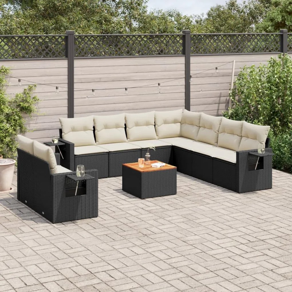 Set divani da giardino 10pz con cuscini in polyrattan nero