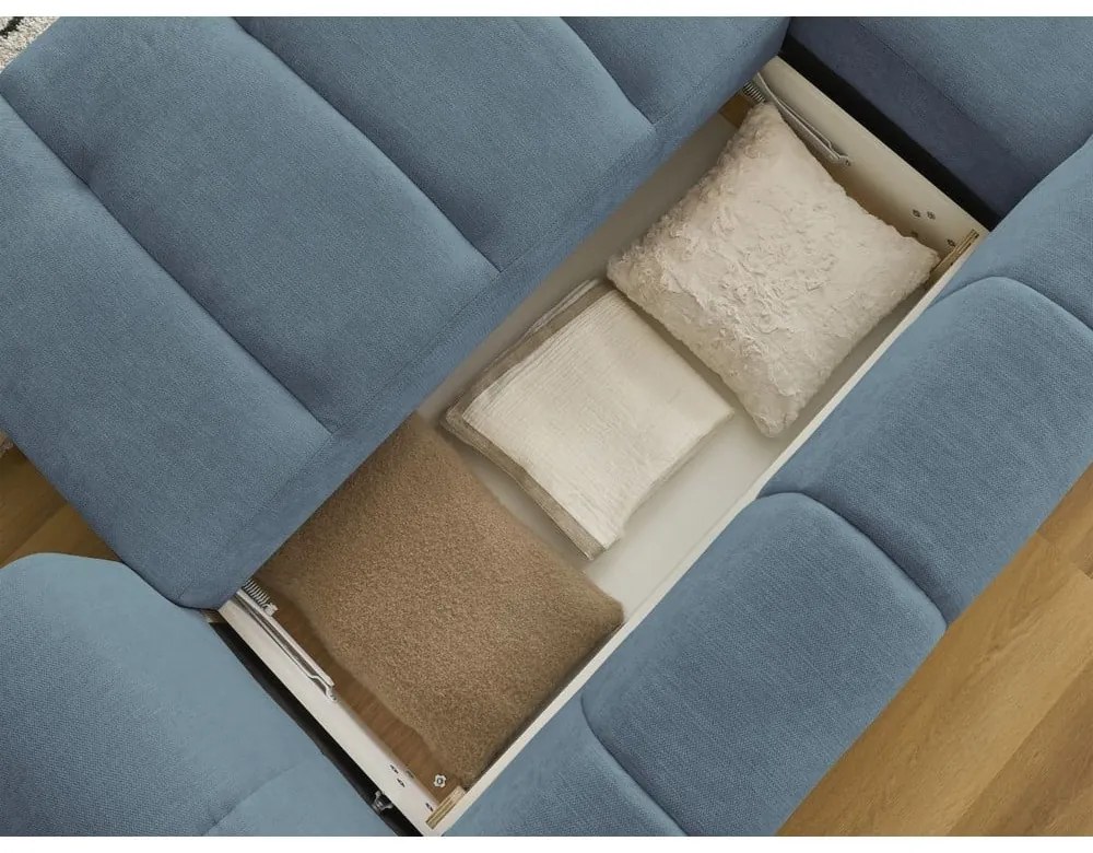 Divano angolare blu allungabile e con contenitore (penisola a sinistra/chaise lounge) con rivestimento in ciniglia Fuji – Bobochic Paris